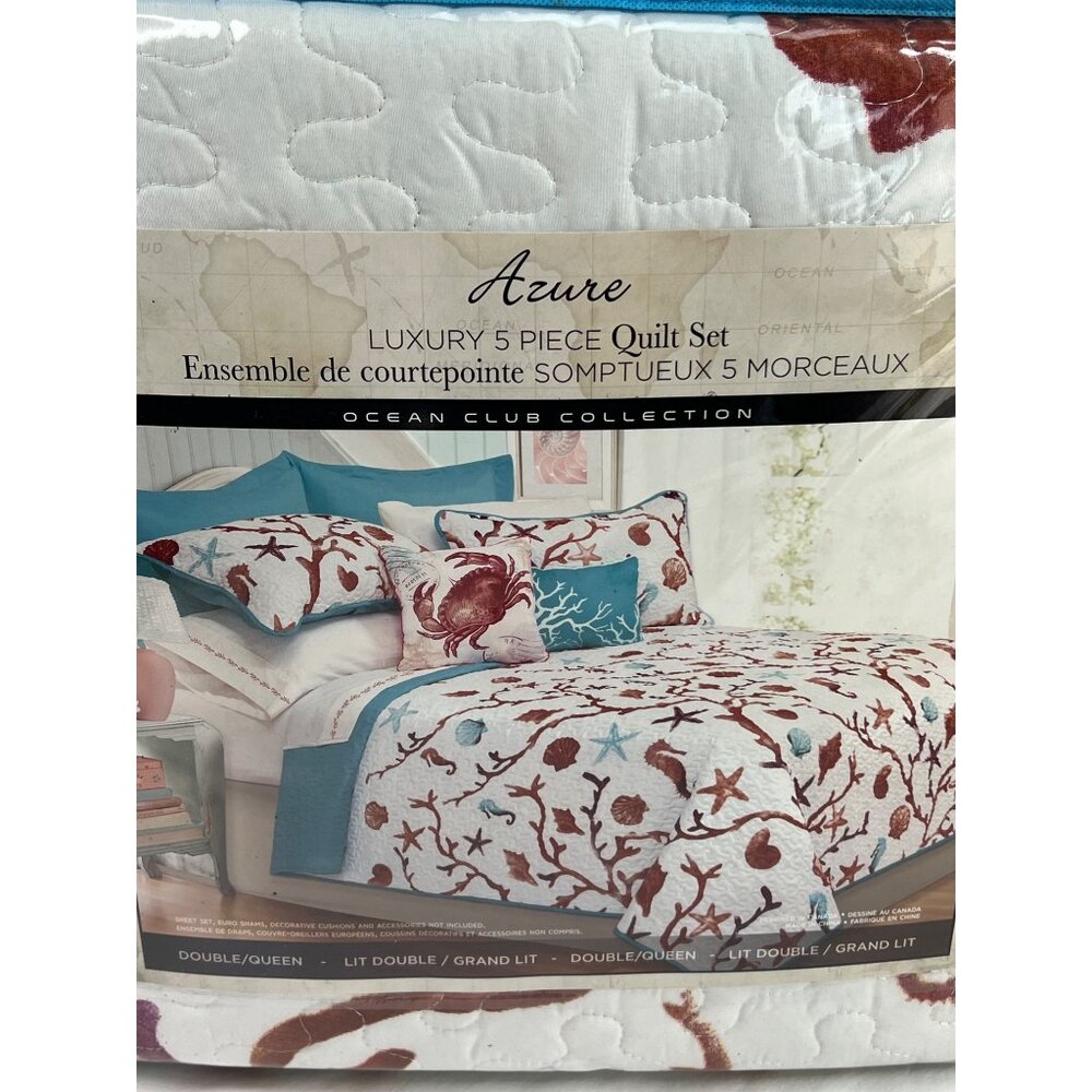 Azure Luxury 5-Piece Quilt Set Ocean Club Collection Double Queen 90 X 90 Beach